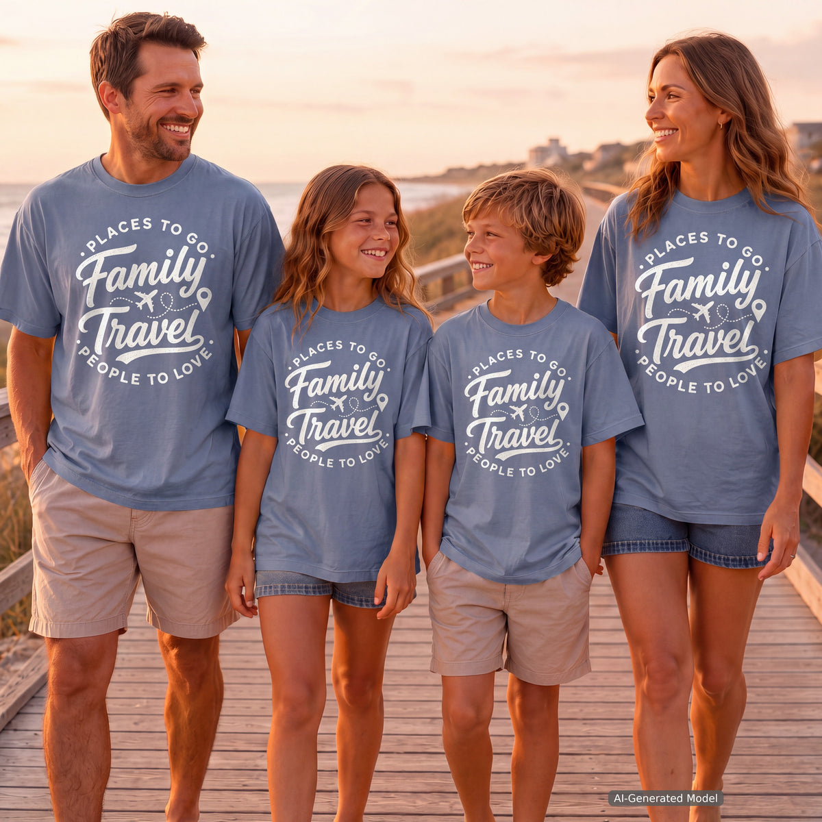 Family Travel Places to Go People to Love Youth Tee – Kids' Comfort Colors Family Travel Shirt in Blue Jean – worn on a family trip (AI-generated model photo)