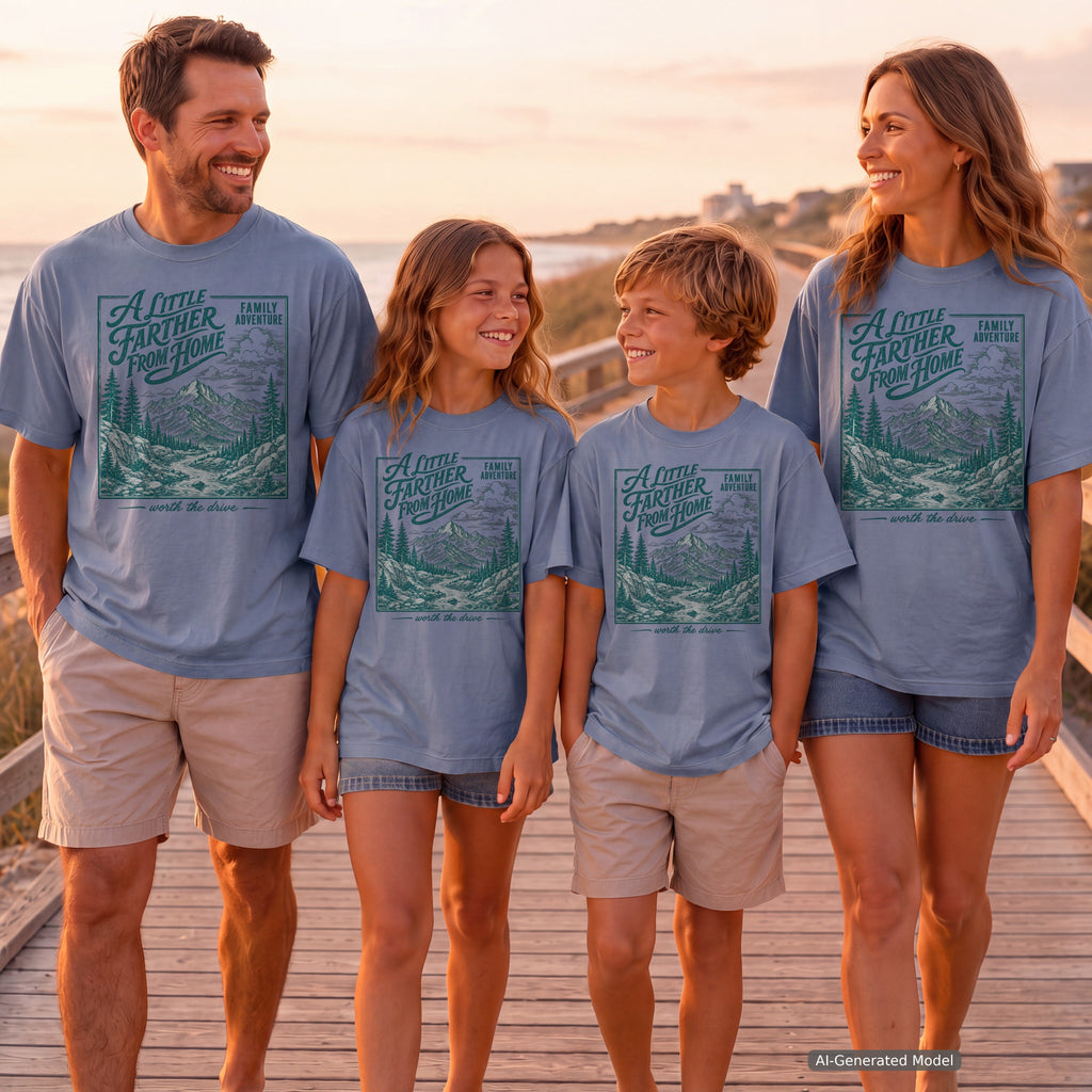 A Little Farther from Home Family Adventure Youth Tee – Kids' Comfort Colors Road Trip Shirt in Blue Jean – worn on a family trip (AI-generated model photo)