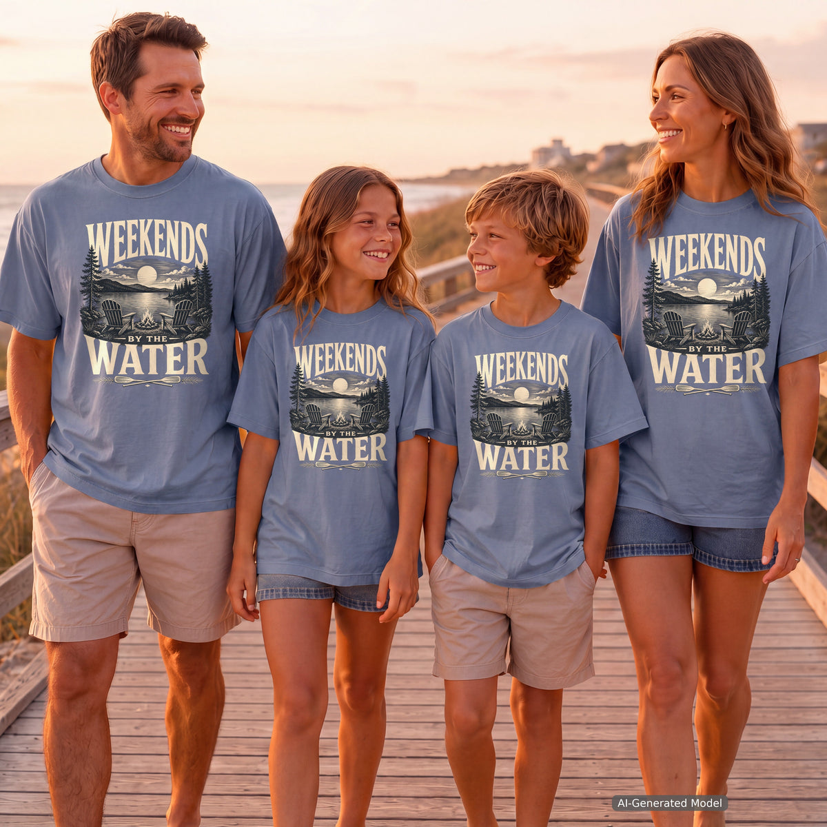 Weekends by the Water Youth Tee – Kids' Comfort Colors Lake Vacation Shirt in Blue Jean – worn on a family trip (AI-generated model photo)