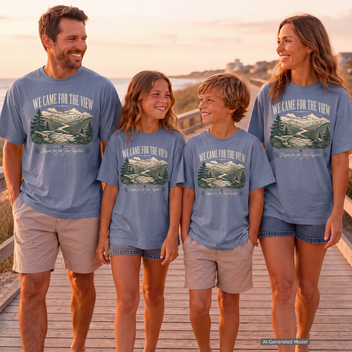We Came for the View Youth Tee – Kids' Comfort Colors Mountain Adventure Shirt in Blue Jean – worn on a family trip (AI-generated model photo)