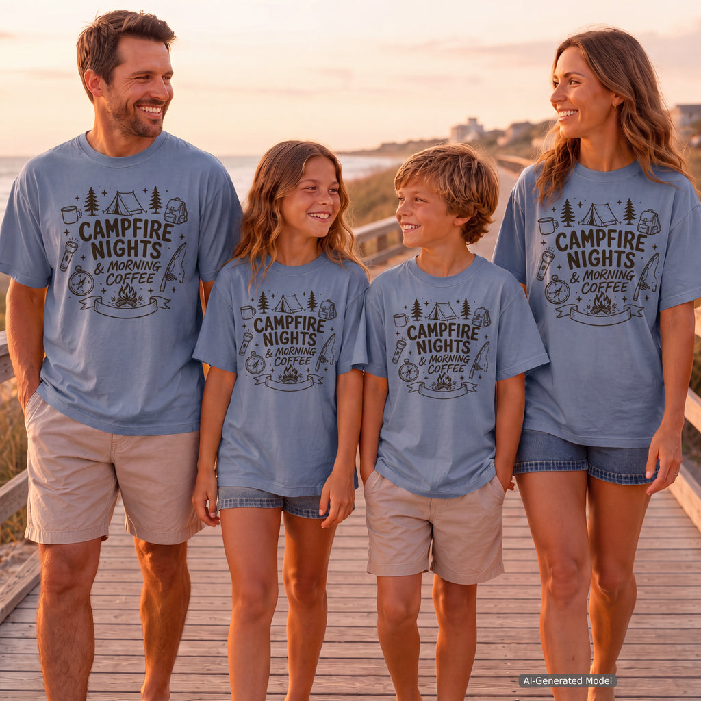 Campfire Nights and Morning Coffee Camping Shirt in Blue Jean – worn on a family trip (AI-generated model photo)