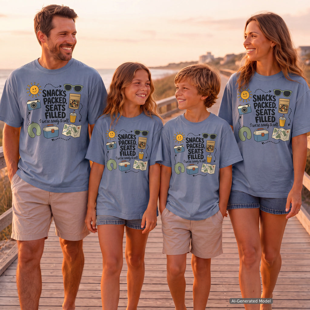 Snacks Packed Seats Filled Youth Tee – Kids' Comfort Colors Road Trip Shirt in Blue Jean – worn on a family trip (AI-generated model photo)