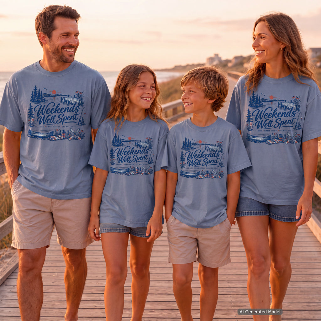 Weekends Well Spent Lake Vacation Shirt in Blue Jean – worn on a family trip (AI-generated model photo)