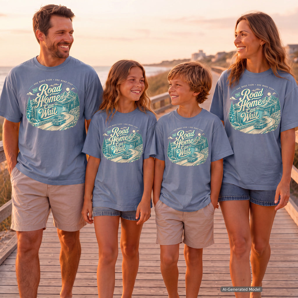 The Road Home Can Wait Youth Tee – Kids' Comfort Colors Road Trip Shirt in Blue Jean – worn on a family trip (AI-generated model photo)