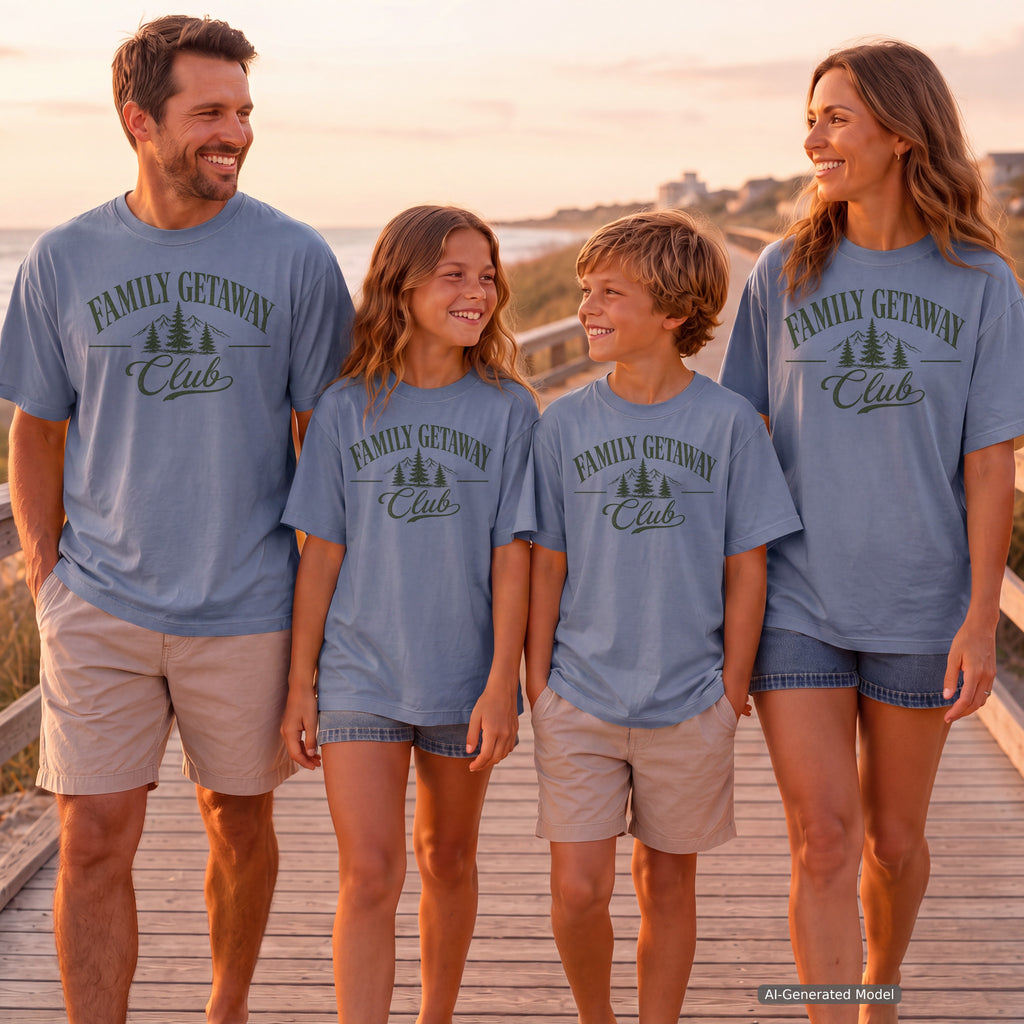 Family Getaway Club Vintage Travel Shirt in Blue Jean – worn on a family trip (AI-generated model photo)