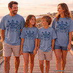Vacation Mode Together Youth Tee – Kids' Comfort Colors Lake Vacation Shirt in Blue Jean – worn on a family trip (AI-generated model photo)