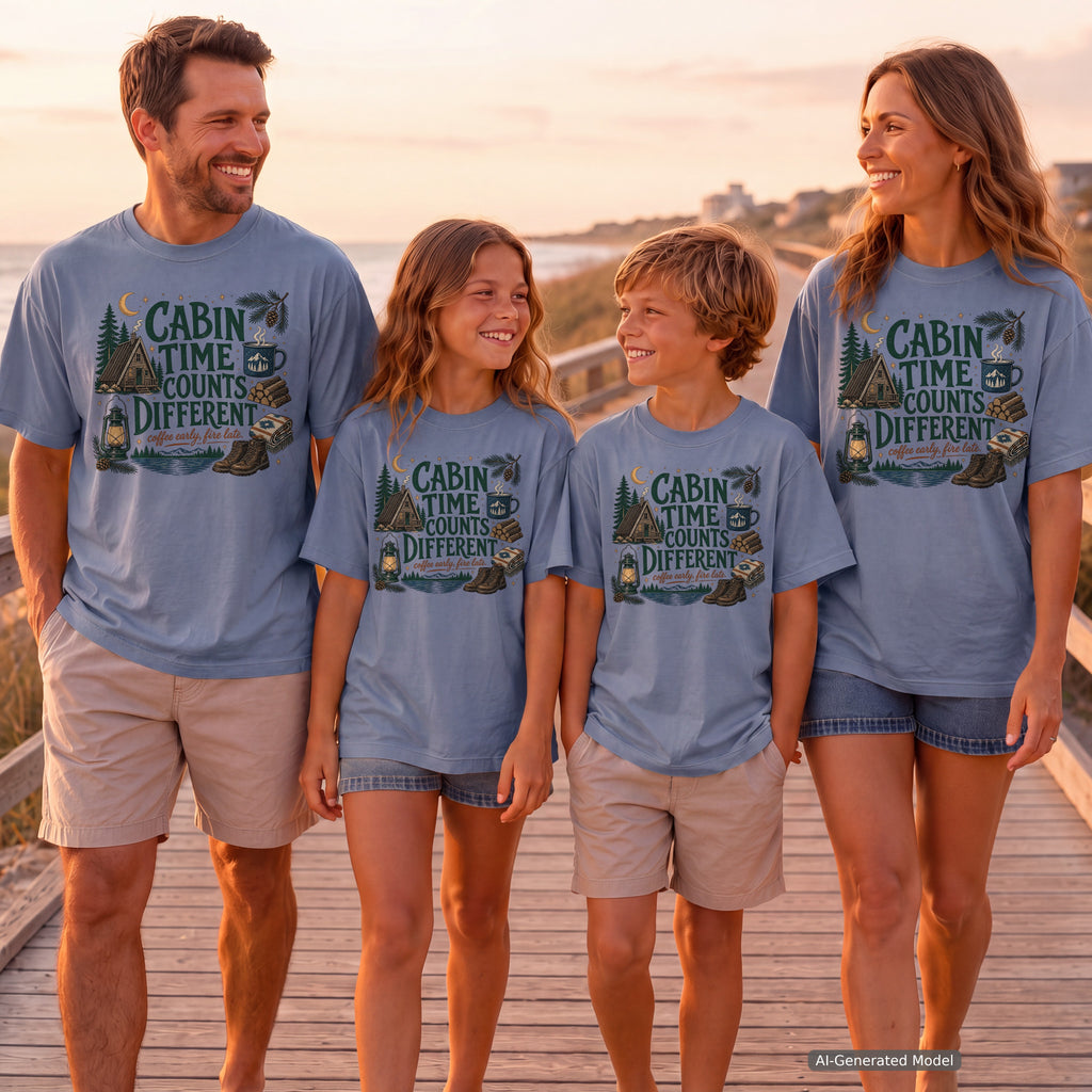 Cabin Time Counts Different Cabin Weekend Shirt in Blue Jean – worn on a family trip (AI-generated model photo)