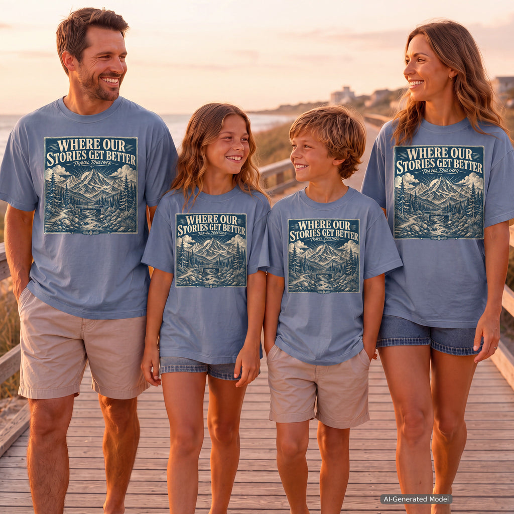 Where Our Stories Get Better Youth Tee – Kids' Comfort Colors Mountain Adventure Shirt in Blue Jean – worn on a family trip (AI-generated model photo)