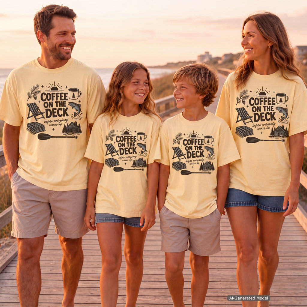 Coffee on the Deck Youth Tee – Kids' Comfort Colors Lake Vacation Shirt in Butter – worn on a family trip (AI-generated model photo)