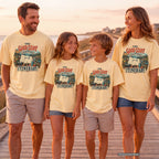 The Good Stuff Happens Off the Itinerary Travel Mom Shirt in Butter – worn on a family trip (AI-generated model photo)
