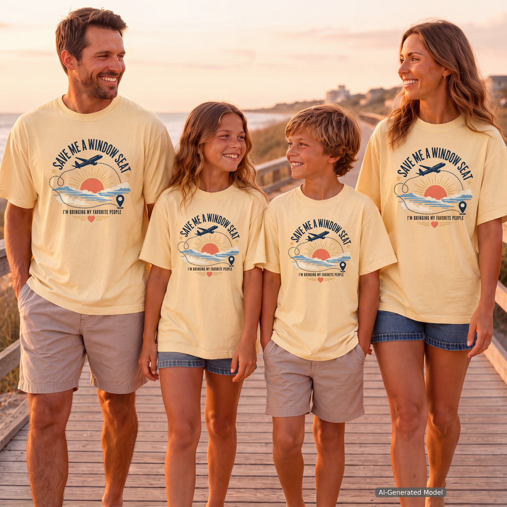 Save Me a Window Seat Youth Tee – Kids' Comfort Colors Family Travel Shirt in Butter – worn on a family trip (AI-generated model photo)