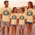 The Good Stuff Happens Off the Itinerary Youth Tee – Kids' Comfort Colors Family Travel Shirt in Butter – worn on a family trip (AI-generated model photo)