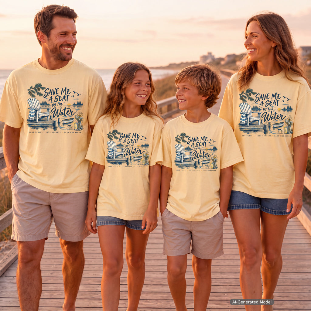 Save Me a Seat by the Water Lake Vacation Shirt in Butter – worn on a family trip (AI-generated model photo)