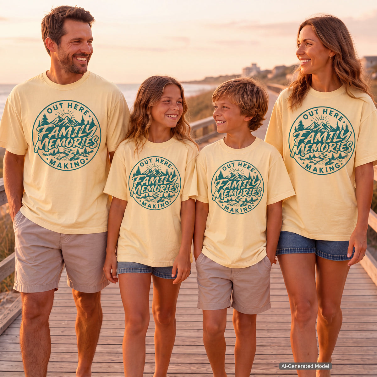Out Here Making Family Memories Shirt in Butter – worn on a family trip (AI-generated model photo)
