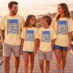 Cabin Coffee and Lake Swims Youth Tee – Kids' Comfort Colors Lake Vacation Shirt in Butter – worn on a family trip (AI-generated model photo)