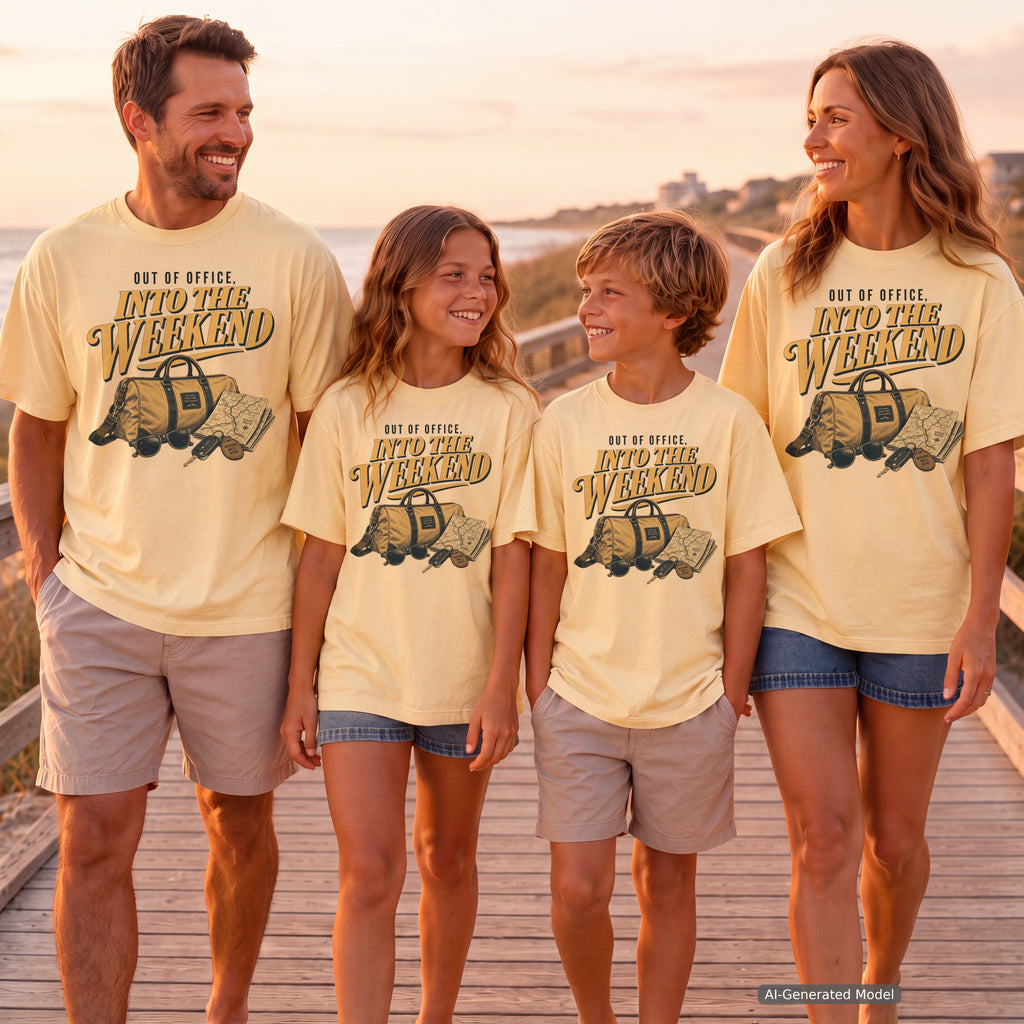 Out of Office Into the Weekend Family Getaway Shirt in Butter – worn on a family trip (AI-generated model photo)