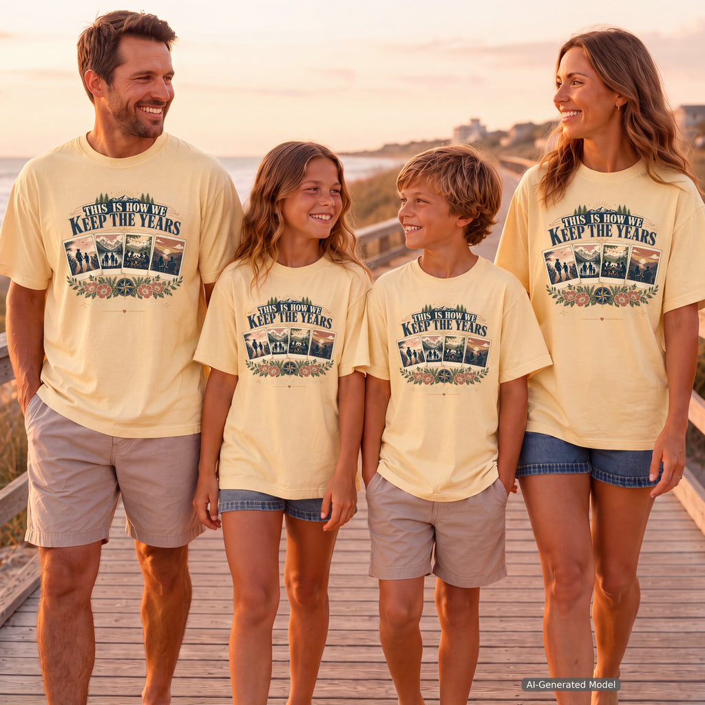 This Is How We Keep the Years Youth Tee – Kids' Comfort Colors Family Trip Shirt in Butter – worn on a family trip (AI-generated model photo)