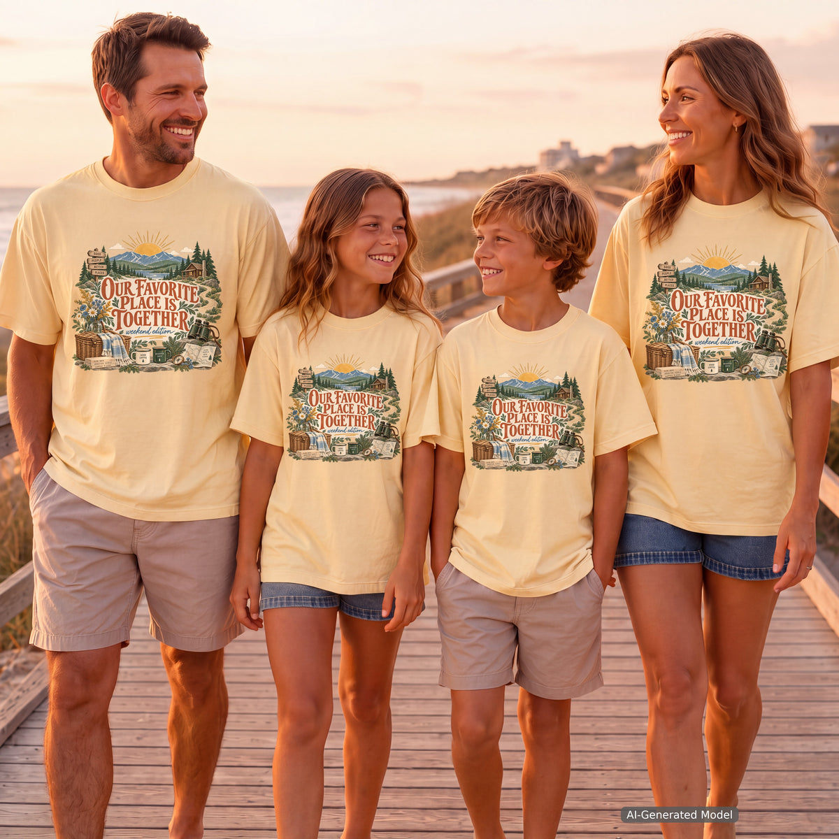Our Favorite Place Is Together Family Getaway Shirt in Butter – worn on a family trip (AI-generated model photo)