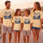 Slow Mornings Full Days Youth Tee – Kids' Comfort Colors Lake Vacation Shirt in Butter – worn on a family trip (AI-generated model photo)
