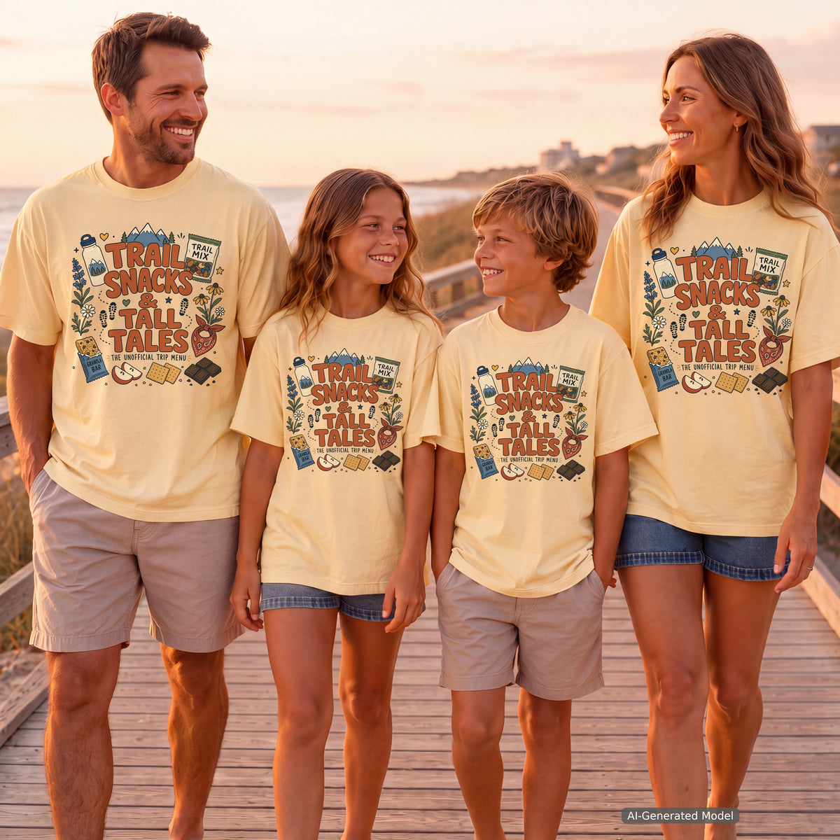 Trail Snacks and Tall Tales Mountain Adventure Shirt in Butter – worn on a family trip (AI-generated model photo)