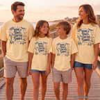 Bring a Towel Stay for Dinner Youth Tee – Kids' Comfort Colors Lake Vacation Shirt in Butter – worn on a family trip (AI-generated model photo)