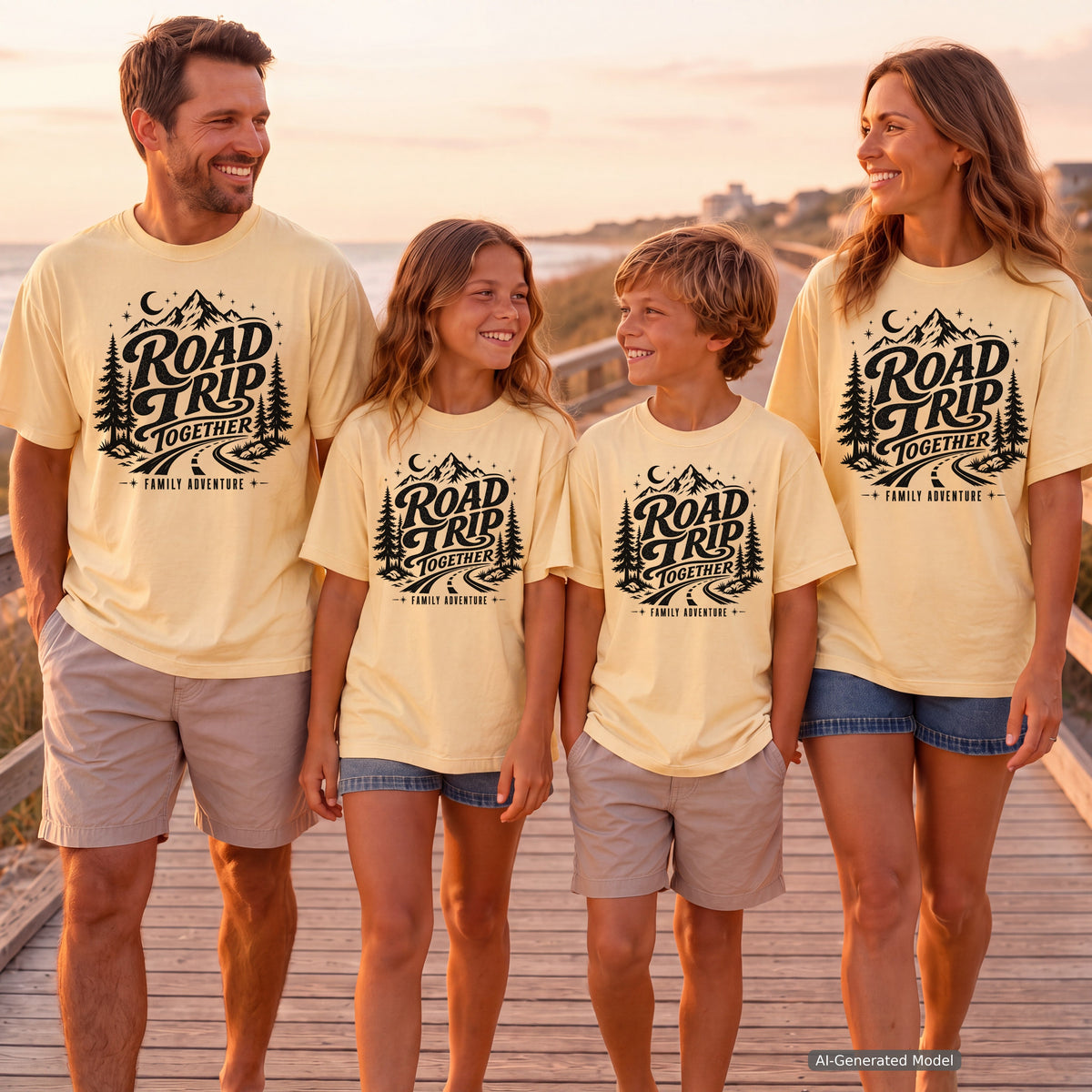 Road Trip Together Family Adventure Youth Tee – Kids' Comfort Colors Road Trip Shirt in Butter – worn on a family trip (AI-generated model photo)