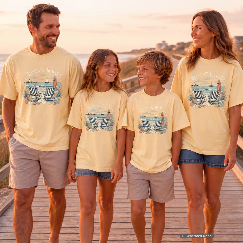 Meet Us By The Water Youth Tee – Kids' Comfort Colors Coastal Vacation Shirt in Butter – worn on a family trip (AI-generated model photo)