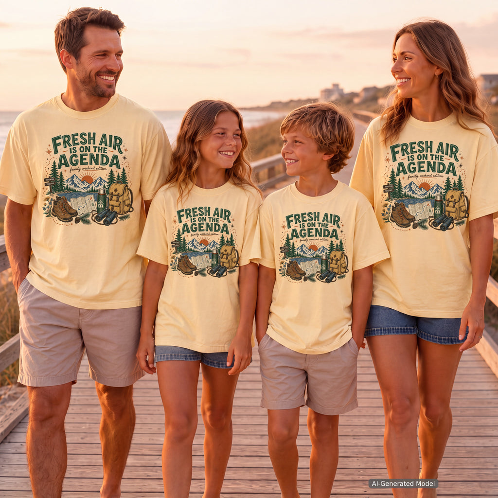 Fresh Air Is on the Agenda Mountain Adventure Shirt in Butter – worn on a family trip (AI-generated model photo)
