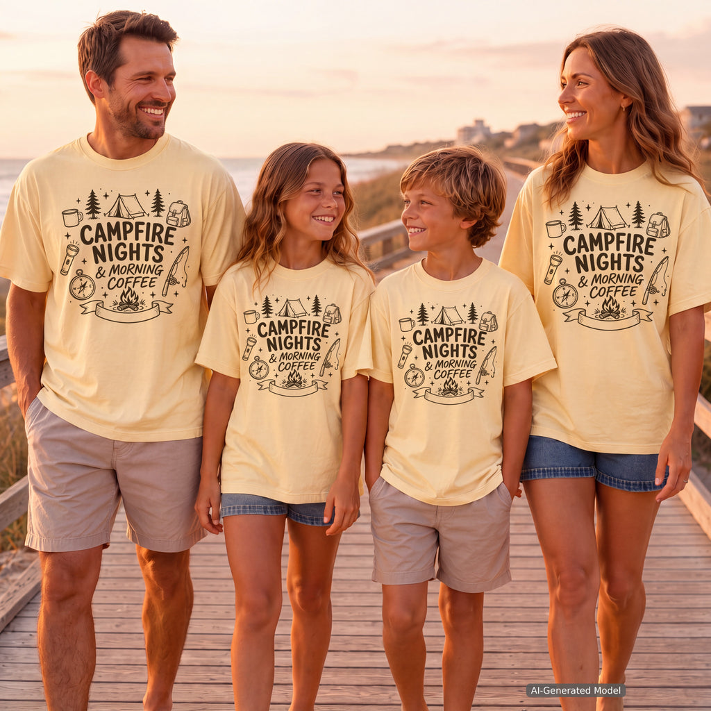 Campfire Nights and Morning Coffee Camping Shirt in Butter – worn on a family trip (AI-generated model photo)