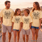 Campfire Nights and Morning Coffee Camping Shirt in Butter – worn on a family trip (AI-generated model photo)