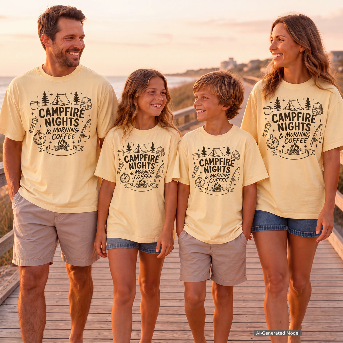 Campfire Nights and Morning Coffee Camping Shirt in Butter – worn on a family trip (AI-generated model photo)