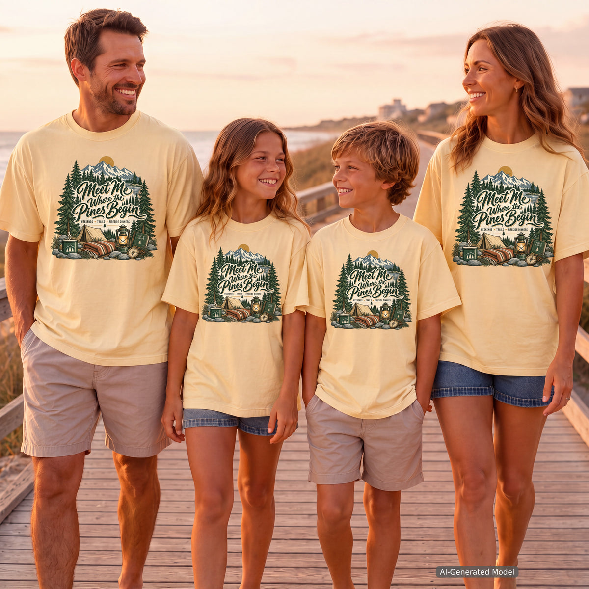 Meet Me Where the Pines Begin Mountain Camping Shirt in Butter – worn on a family trip (AI-generated model photo)
