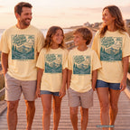 A Little Farther from Home Family Adventure Shirt in Butter – worn on a family trip (AI-generated model photo)