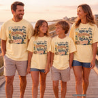 Our Family Runs on Reservations and Road Snacks Road Trip Shirt in Butter – worn on a family trip (AI-generated model photo)