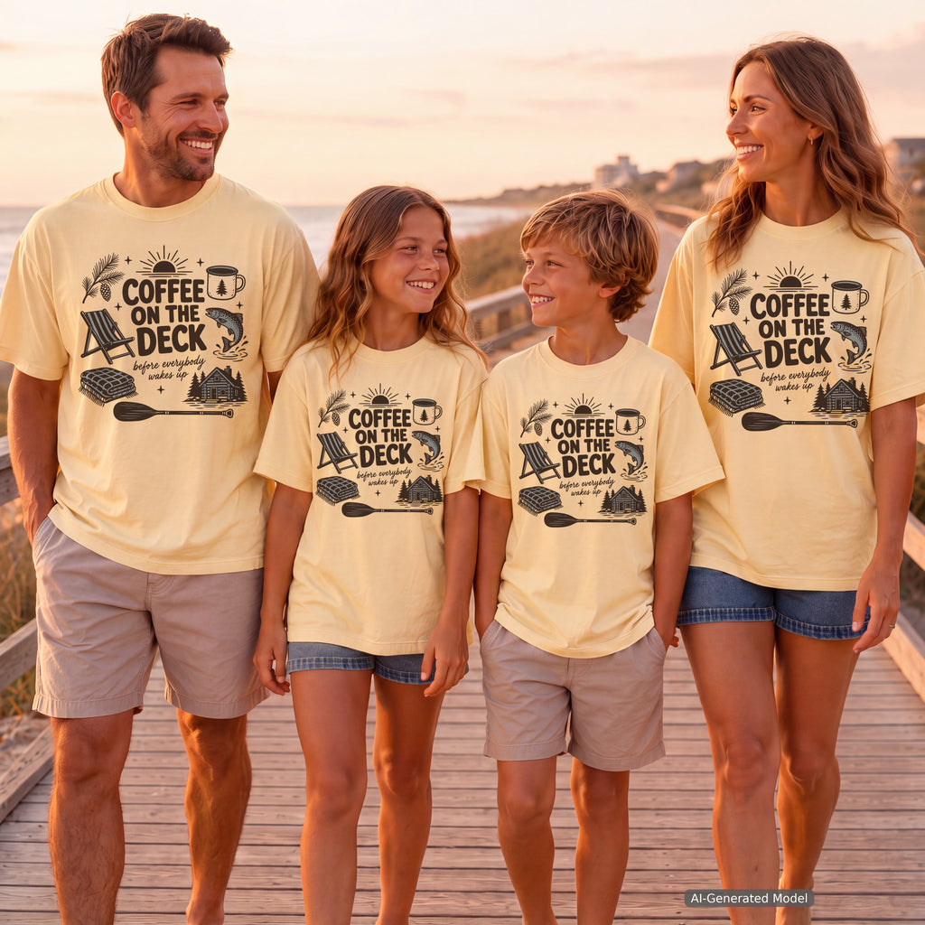 Coffee on the Deck Lake Vacation Shirt in Butter – worn on a family trip (AI-generated model photo)