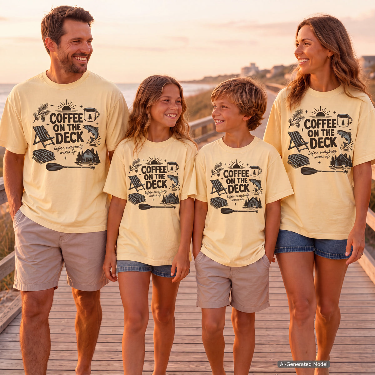 Coffee on the Deck Lake Vacation Shirt in Butter – worn on a family trip (AI-generated model photo)