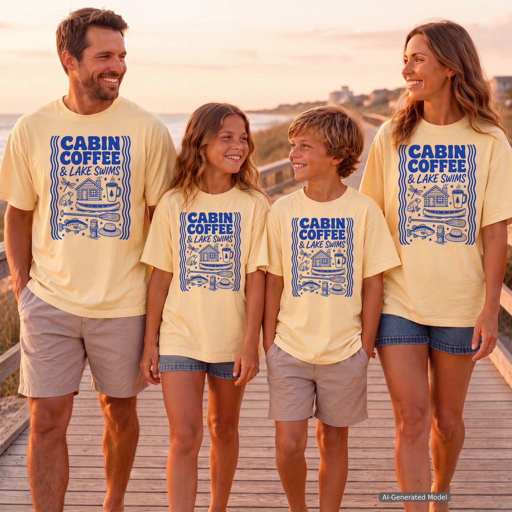Cabin Coffee and Lake Swims Lake Vacation Shirt in Butter – worn on a family trip (AI-generated model photo)
