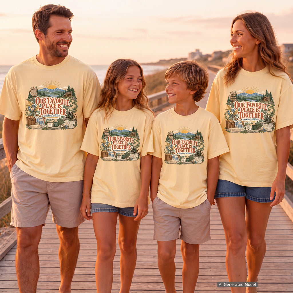Our Favorite Place Is Together Youth Tee – Kids' Comfort Colors Family Getaway Shirt in Butter – worn on a family trip (AI-generated model photo)