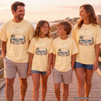 Sunset Check In Youth Tee – Kids' Comfort Colors Seaside Vacation Shirt in Butter – worn on a family trip (AI-generated model photo)