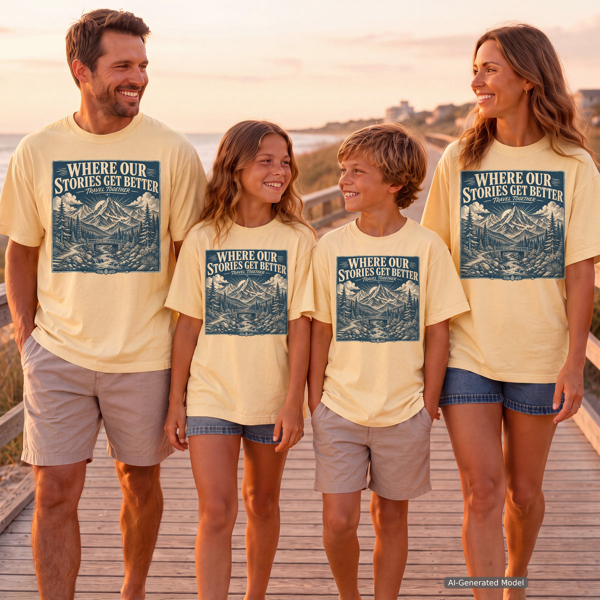 Where Our Stories Get Better Mountain Adventure Shirt in Butter – worn on a family trip (AI-generated model photo)
