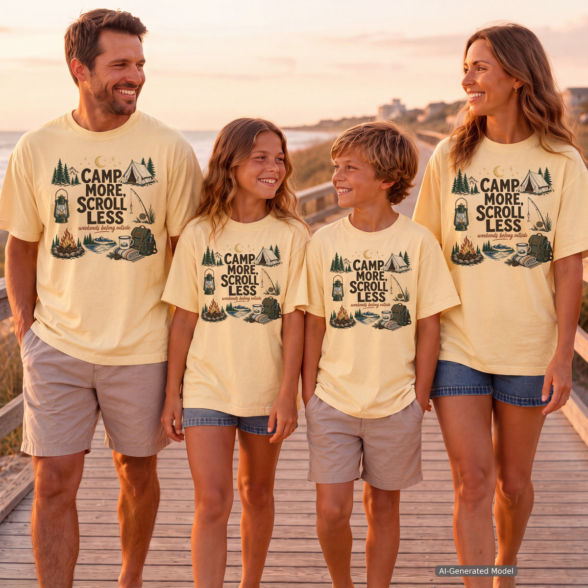 Camp More Scroll Less Youth Tee – Kids' Comfort Colors Camping Shirt in Butter – worn on a family trip (AI-generated model photo)