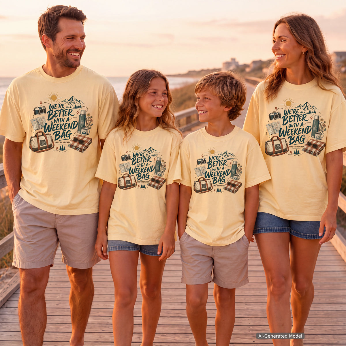 We're Better with a Weekend Bag Road Trip Shirt in Butter – worn on a family trip (AI-generated model photo)