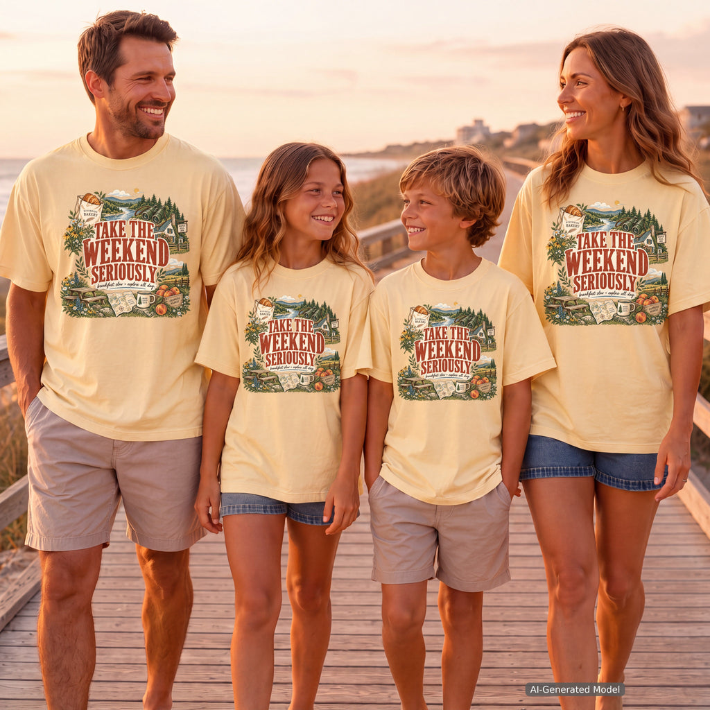 Take the Weekend Seriously Youth Tee – Kids' Comfort Colors Family Getaway Shirt in Butter – worn on a family trip (AI-generated model photo)