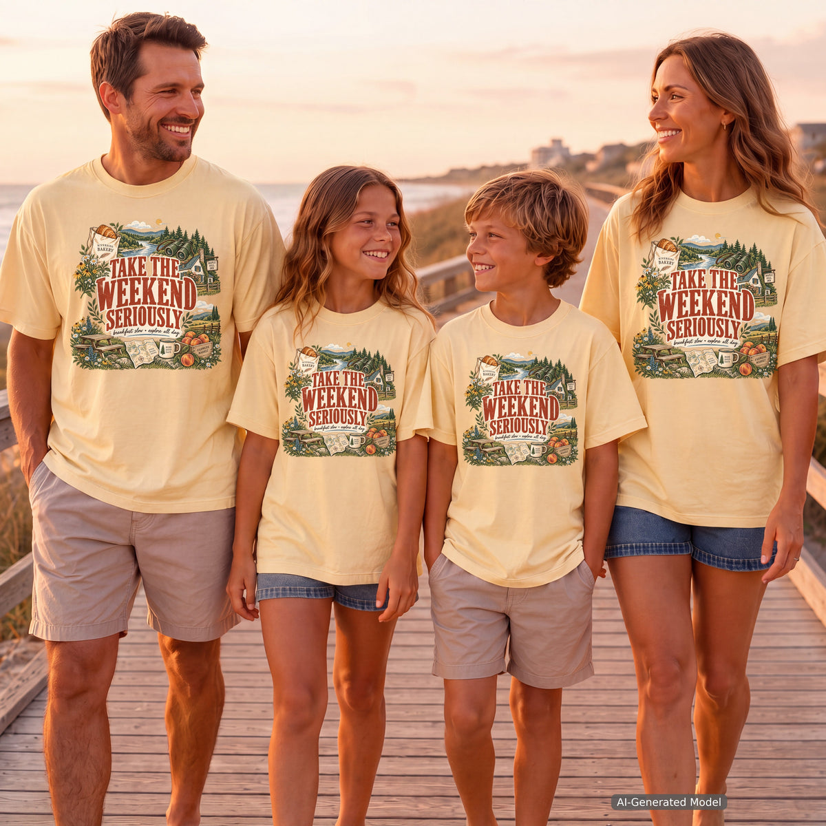 Take the Weekend Seriously Youth Tee – Kids' Comfort Colors Family Getaway Shirt in Butter – worn on a family trip (AI-generated model photo)