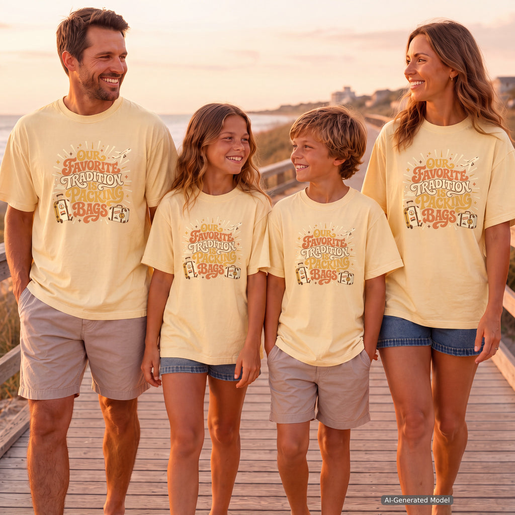 Our Favorite Tradition Is Packing Bags Youth Tee – Kids' Comfort Colors Family Travel Shirt in Butter – worn on a family trip (AI-generated model photo)