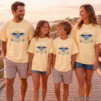 Family Miles Forever Memories Youth Tee – Kids' Comfort Colors Lake Vacation Shirt in Butter – worn on a family trip (AI-generated model photo)