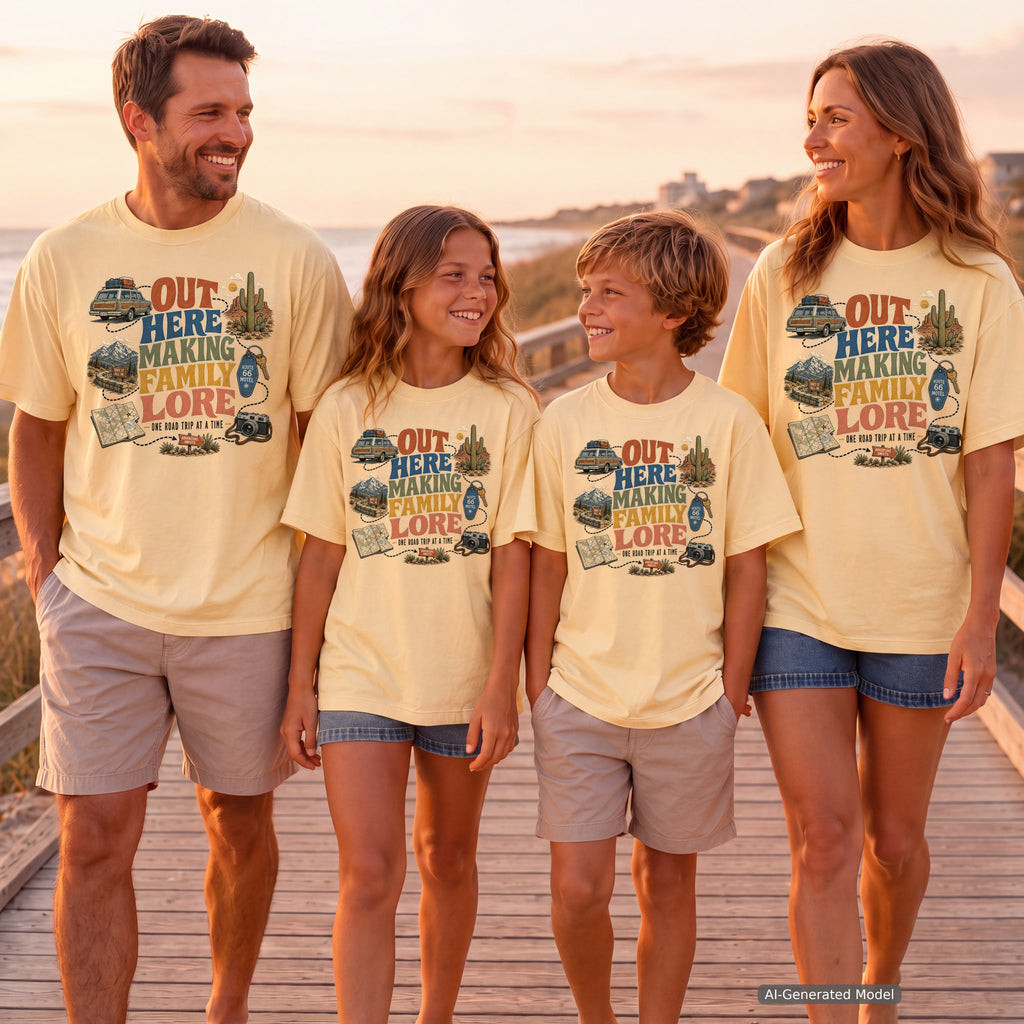 Out Here Making Family Lore Youth Tee – Kids' Comfort Colors Road Trip Shirt in Butter – worn on a family trip (AI-generated model photo)