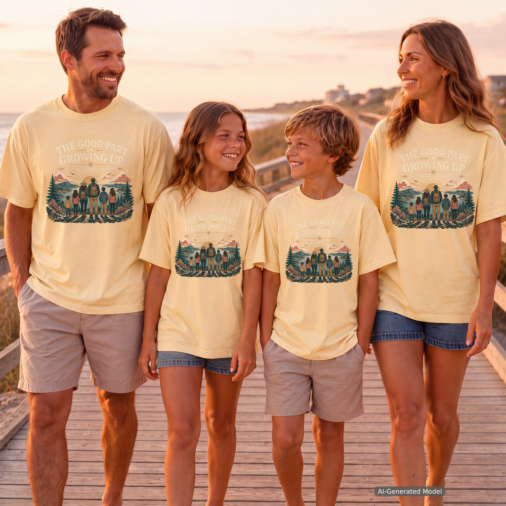 The Good Part of Growing Up Youth Tee – Kids' Comfort Colors Family Travel Shirt in Butter – worn on a family trip (AI-generated model photo)