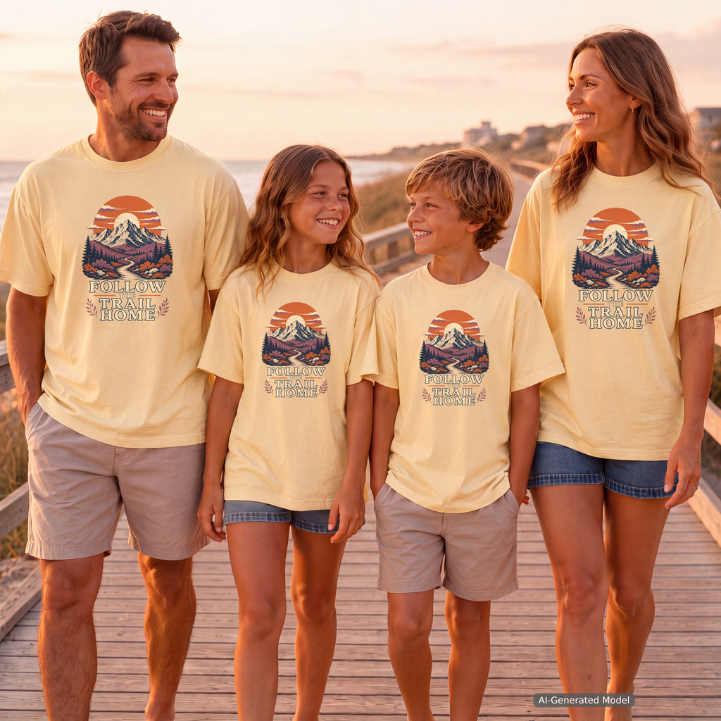 Follow the Trail Home Youth Tee – Kids' Comfort Colors Mountain Adventure Shirt in Butter – worn on a family trip (AI-generated model photo)