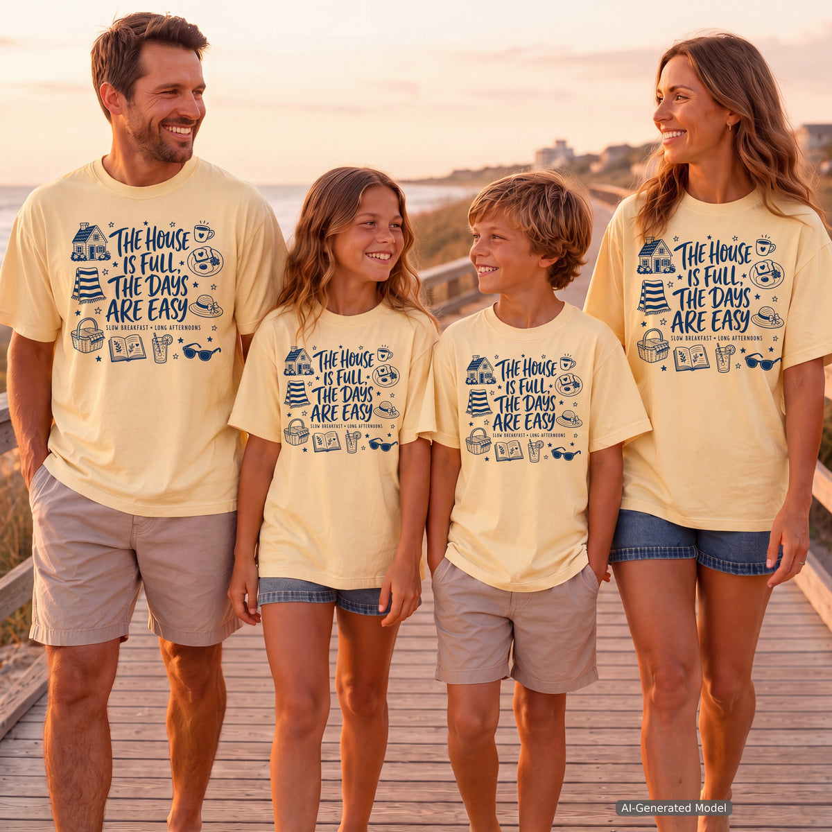 The House Is Full the Days Are Easy Youth Tee – Kids' Comfort Colors Family Getaway Shirt in Butter – worn on a family trip (AI-generated model photo)